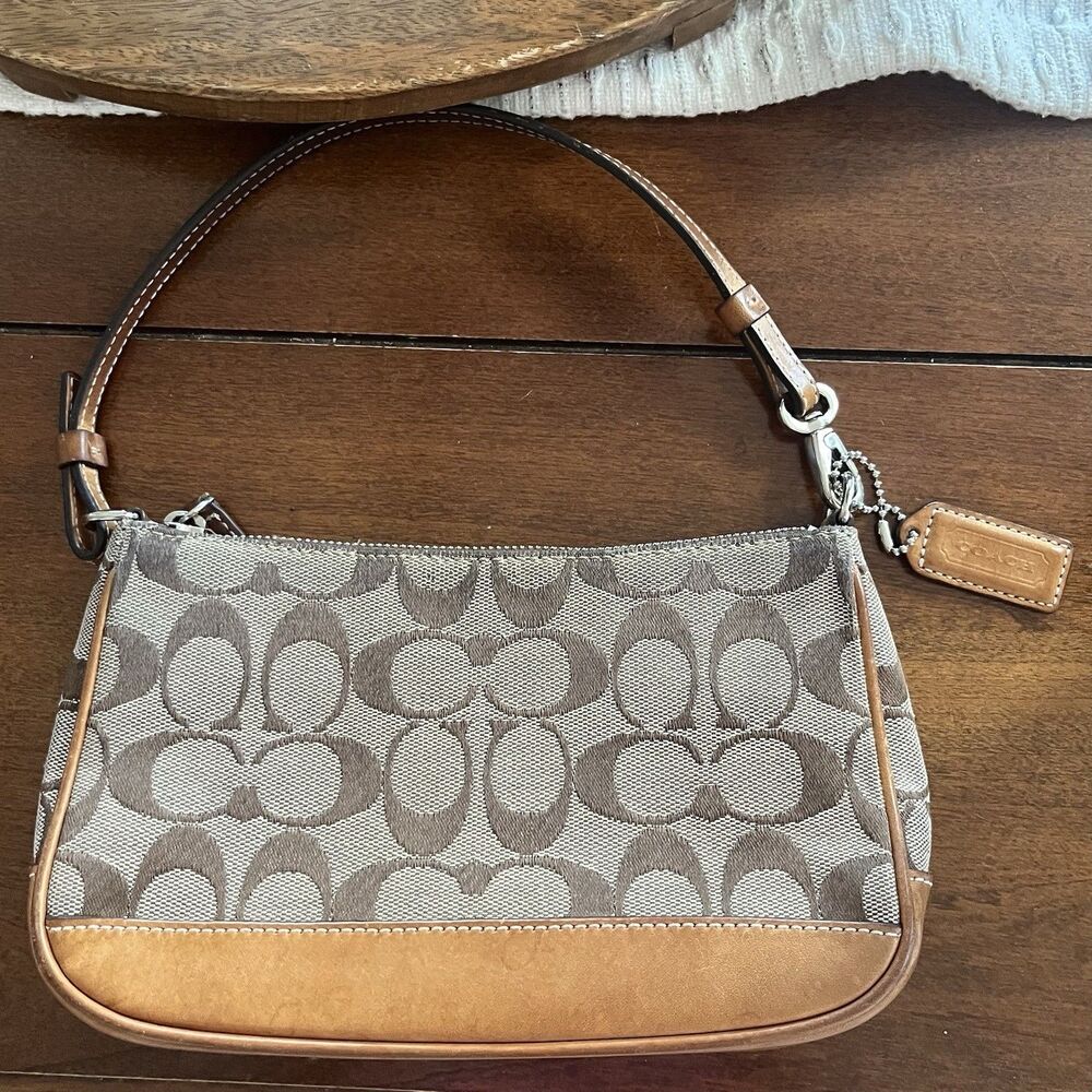Vintage Coach Demi 6094 Shoulder Bag Signature Jacquard Tan Brown Leather Y2K